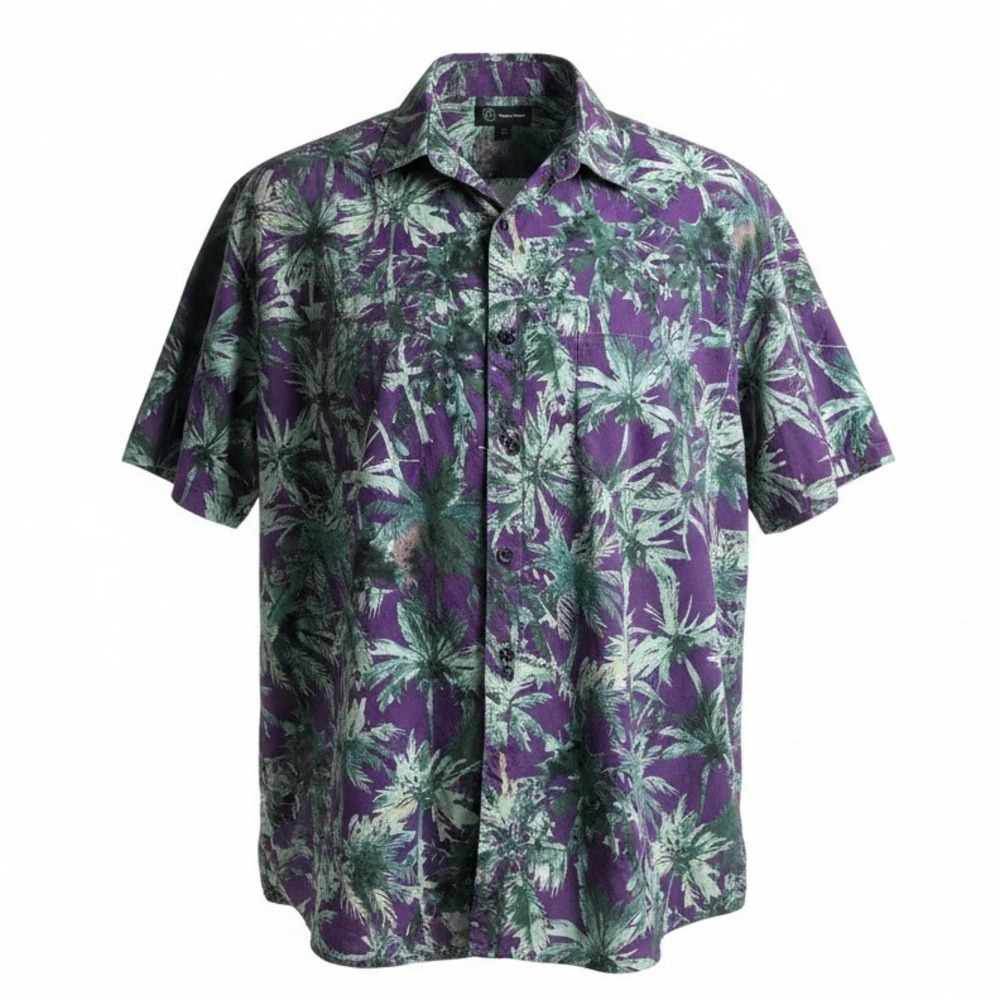 Original Use Button Down Shirt Men Large Purple Green Tropical Palm Tree Cotton